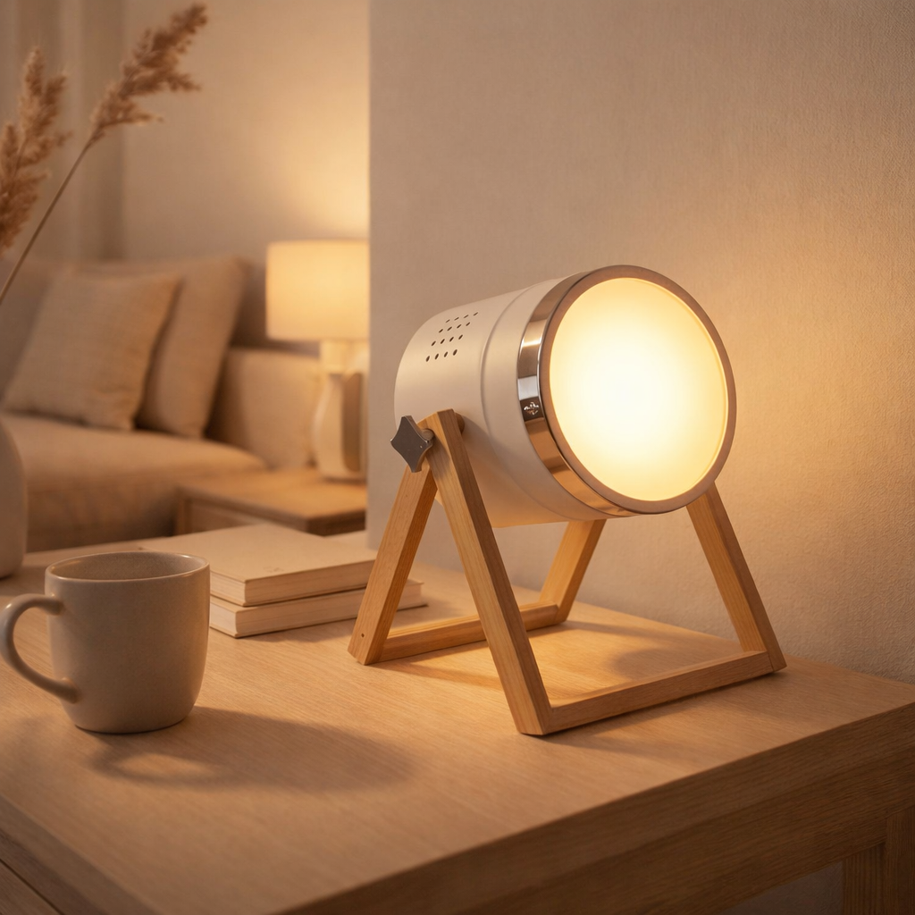Lampe de table Tim en métal blanc et en plastique satiné, avec douille E27, lampe de table pour l'intérieur, 28 cm de haut en situation