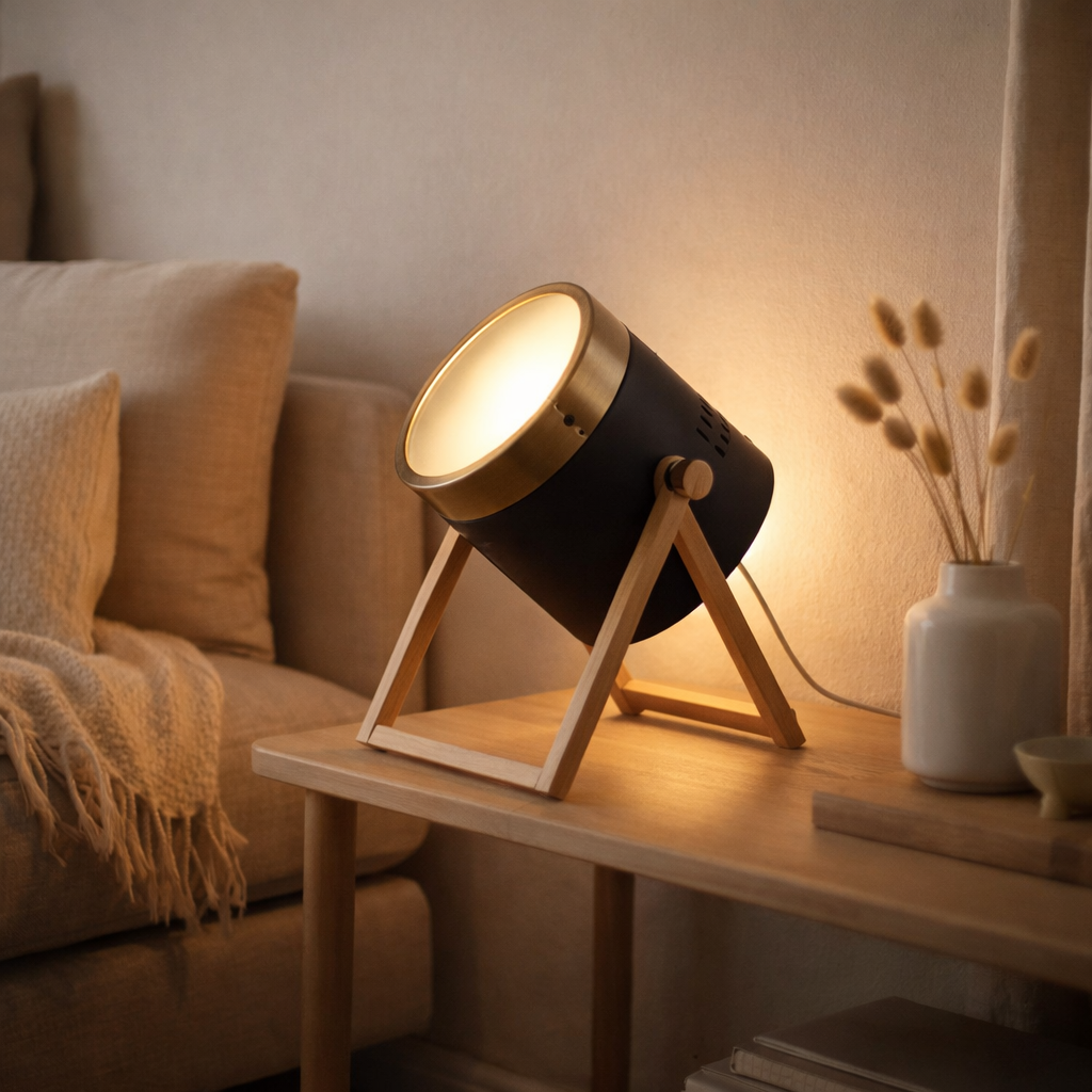 Lampe de table Tim en métal noir et en plastique satiné, avec douille E27, lampe de table pour l'intérieur, 28 cm de haut en situation