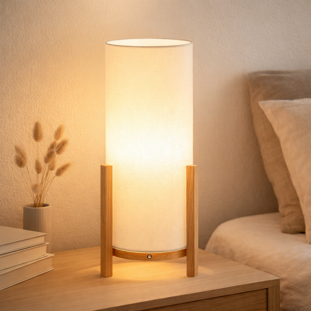 Lampe ackitique Madita 48 cm de haut, en blanc / nature, avec LED intégrée, dimmable avec capteur tactile en situation