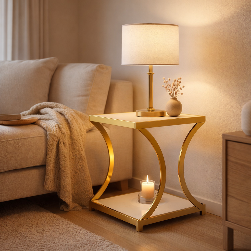 Table d'appoint blanc décoratif angulaire 40 h 45 cm table de lampe de la lampe canapée de la table en métal or en situation