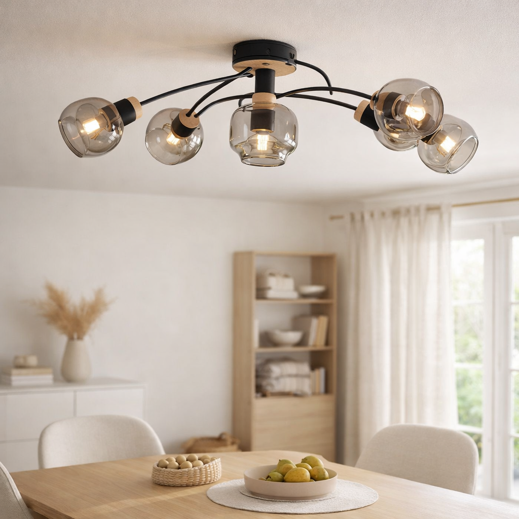 5 plafonds Fumoso, plafond en métal et verre en noir, avec douille E14, pour salle à manger, salon, hall ou bureau, plafond 65,6 x 25,5 cm en situation