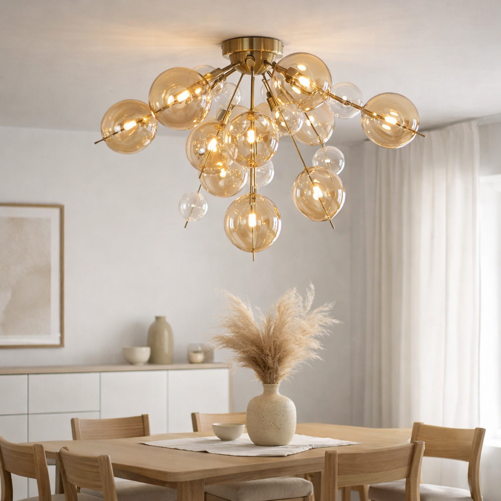 Plafond Explosion Amber en métal et en verre, versions G9, plafond pour salle à manger, salon, couloir ou bureau, Ø57 cm en situation