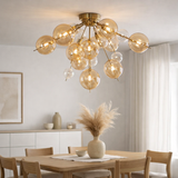 Plafond Explosion Amber en métal et en verre, versions G9, plafond pour salle à manger, salon, couloir ou bureau, Ø57 cm en situation
