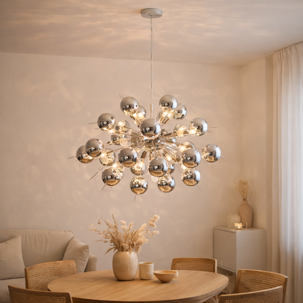 La lampe pendentielle explosion chromée en métal et en verre, versions G9, lampe suspendue pour salle à manger, salon, couloir ou bureau, Øca. 98 cm en situation