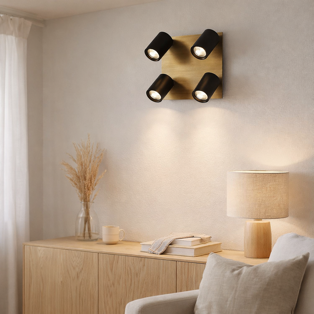4 Mur et plafond Frida en métal noir / or, projecteurs de plafond, Gu10, plafond pour salle à manger, salon, couloir ou bureau, 22 x 22 cm en situation