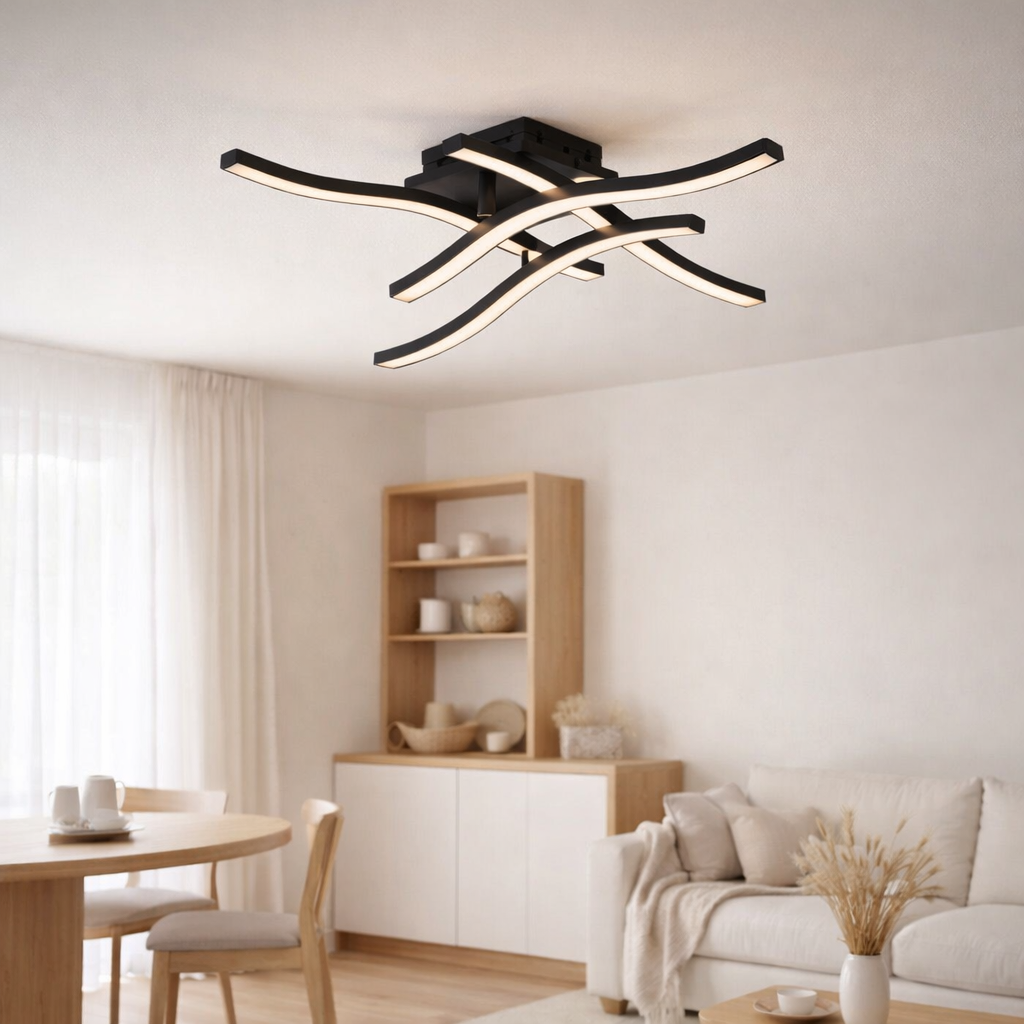 LED Plafond Onda S: 45 cm, plafond en métal et en plastique en noir LED fixe, éclairage pour le salon, salle à manger ou bureau 45 x 45 cm en situation