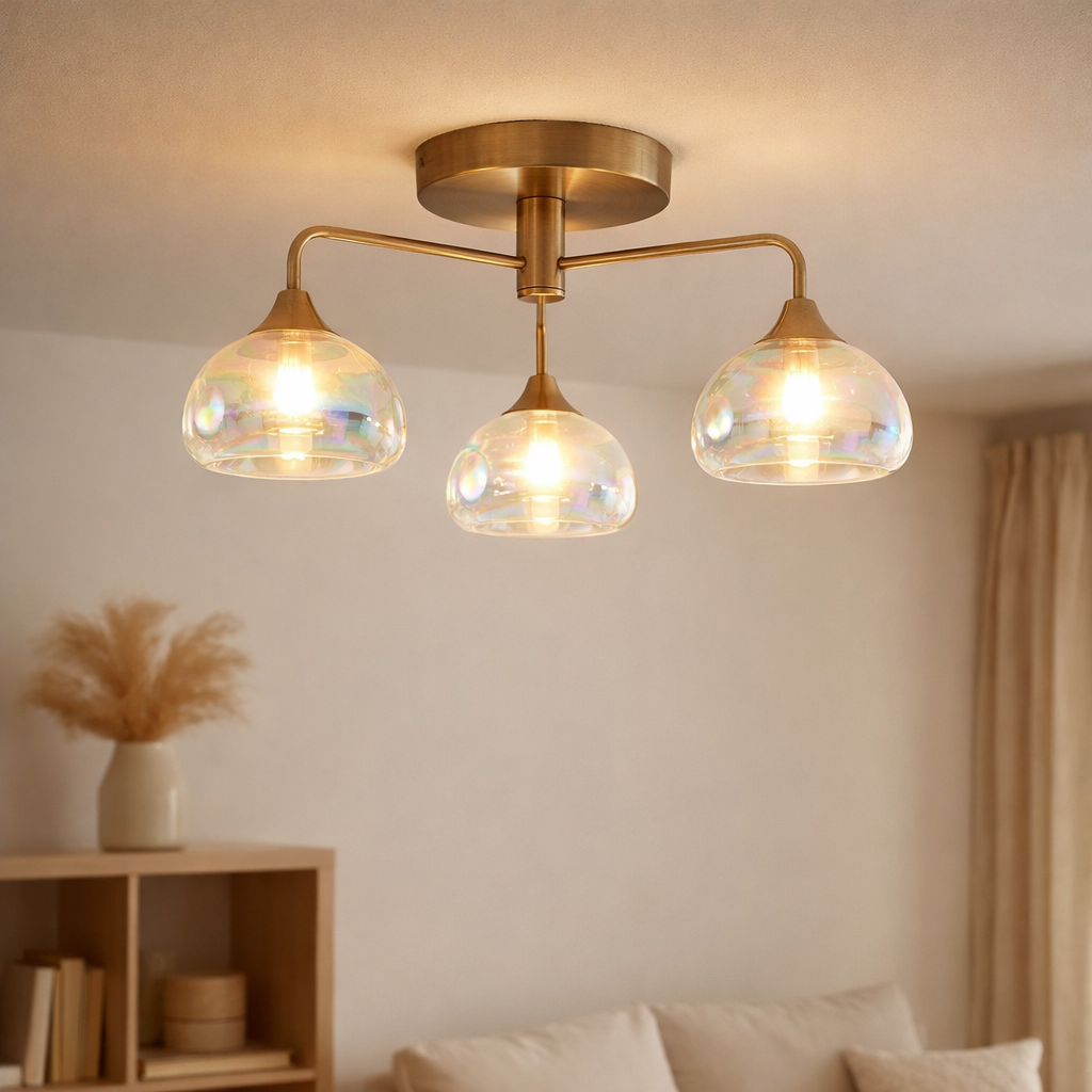 «Varna» à lampe à lampe LED, lampe à plafonnier en métal de couleur en laiton et en verre d'iris, avec des LED fermement intégrées, 42 cm de diamètre, un éclairage élégant pour le salon, la salle à manger ou le couloir en situation
