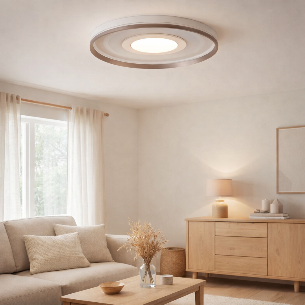 Plafond LED DOIRA Ø 50,5 cm, 7,5 cm de haut, métal et plastique en argent et blanc, LED intégrés, 3600 lm lumineux, dimmable, fonction CCT 3000-6500 K, fonction de lumière nocturne en situation