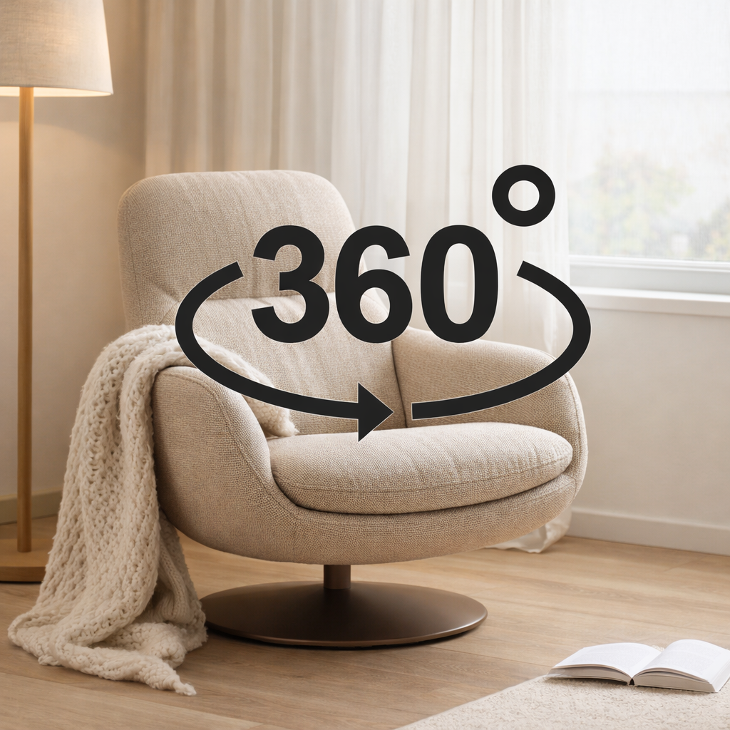 Fauteuil Cocoon Tissu Sahara Champignon - Piètement Rotatif 360 Anodique Marron en situation
