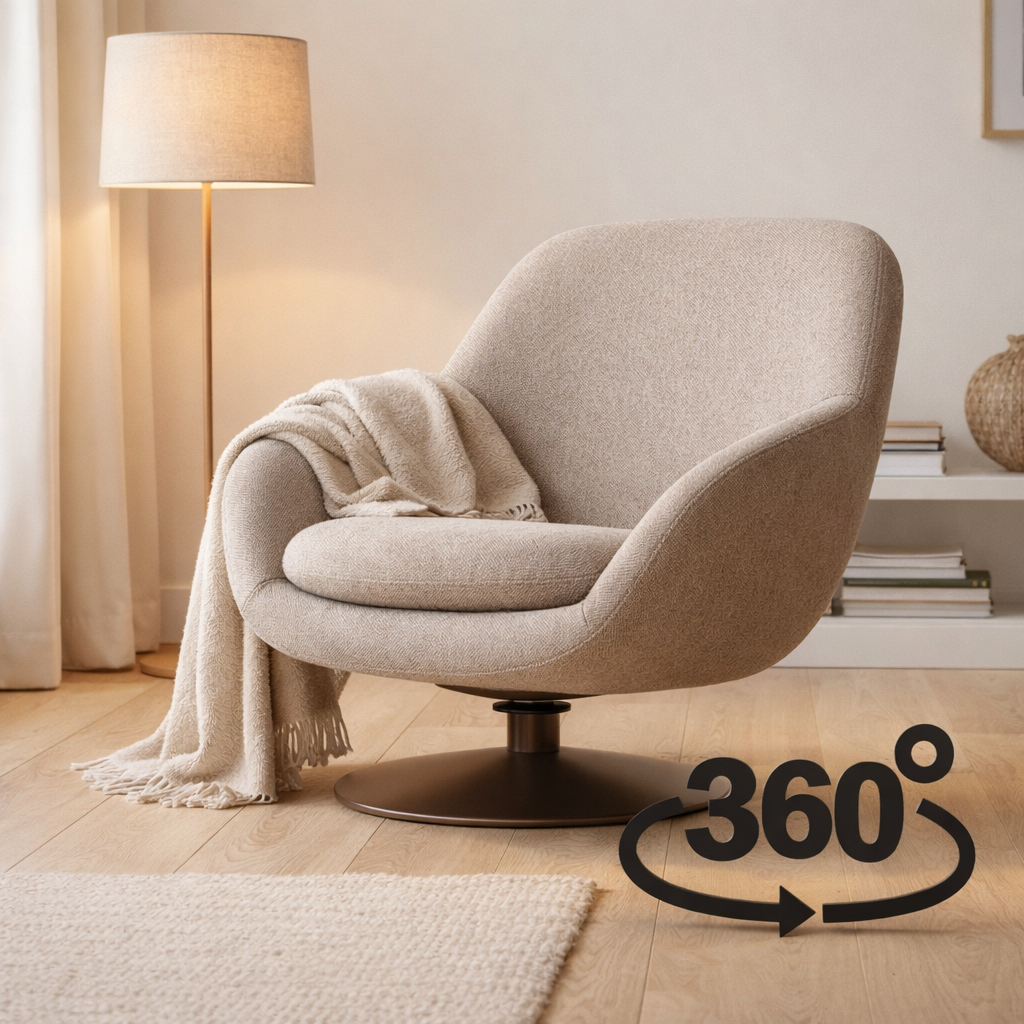 Fauteuil Cocoon Tissu Sahara Champignon - Piètement Rotatif 360 Anodique Marron en situation