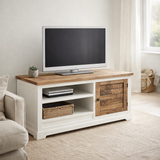 Meuble tv lowboard TV L 114 H 45 cm Meuble tv bois massif Ibiza manguier massif blanc en situation