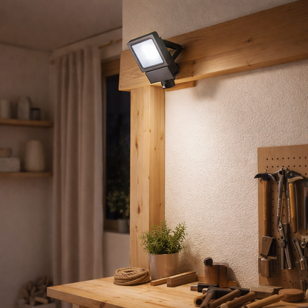 Lampe extérieure LED Spotlight en métal et verre en noir, avec LED intégrée en situation