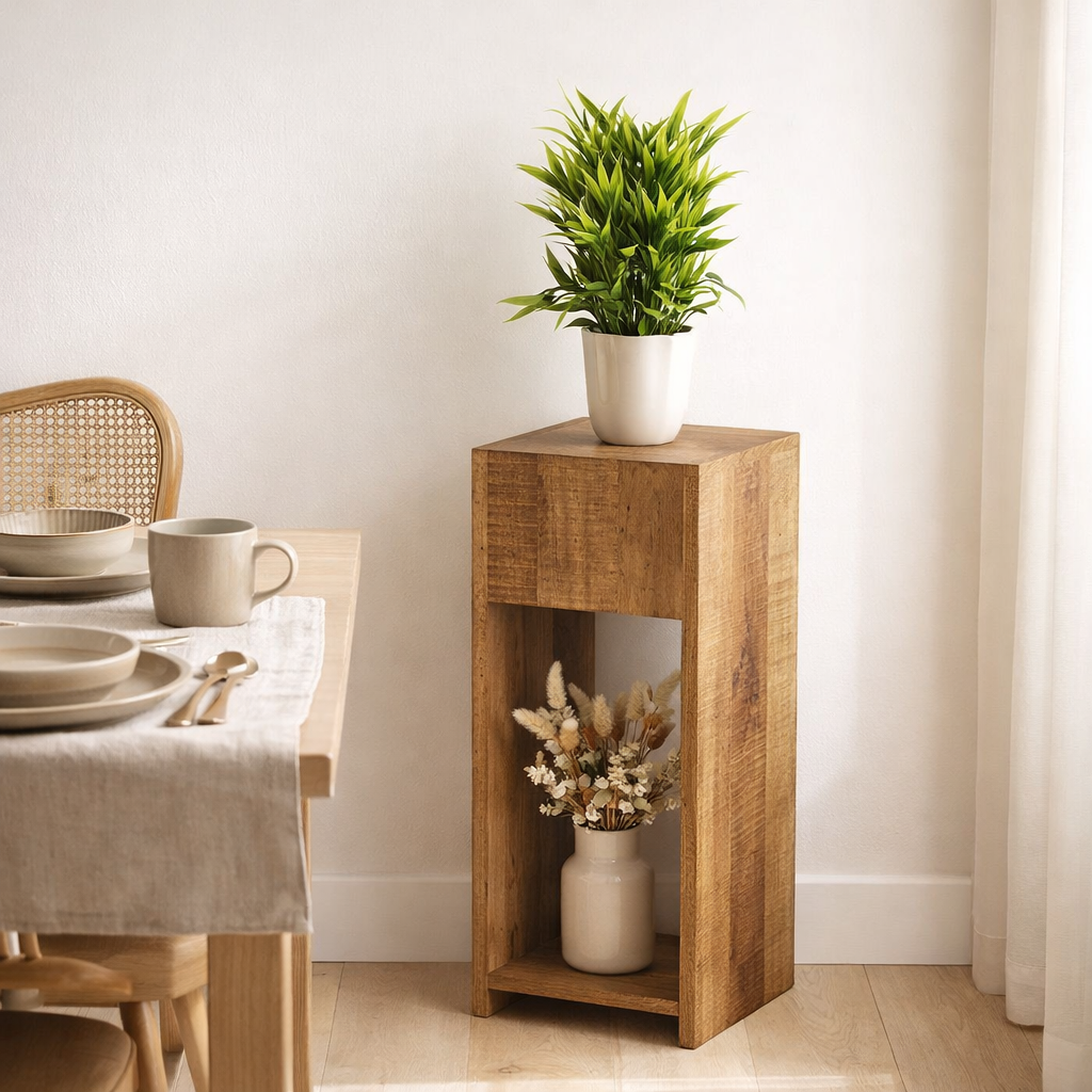 Colonne fleurie 27x27 H50 ou 73cm tabouret fleur bois plante pied table d'appoint carré bois manguier en situation