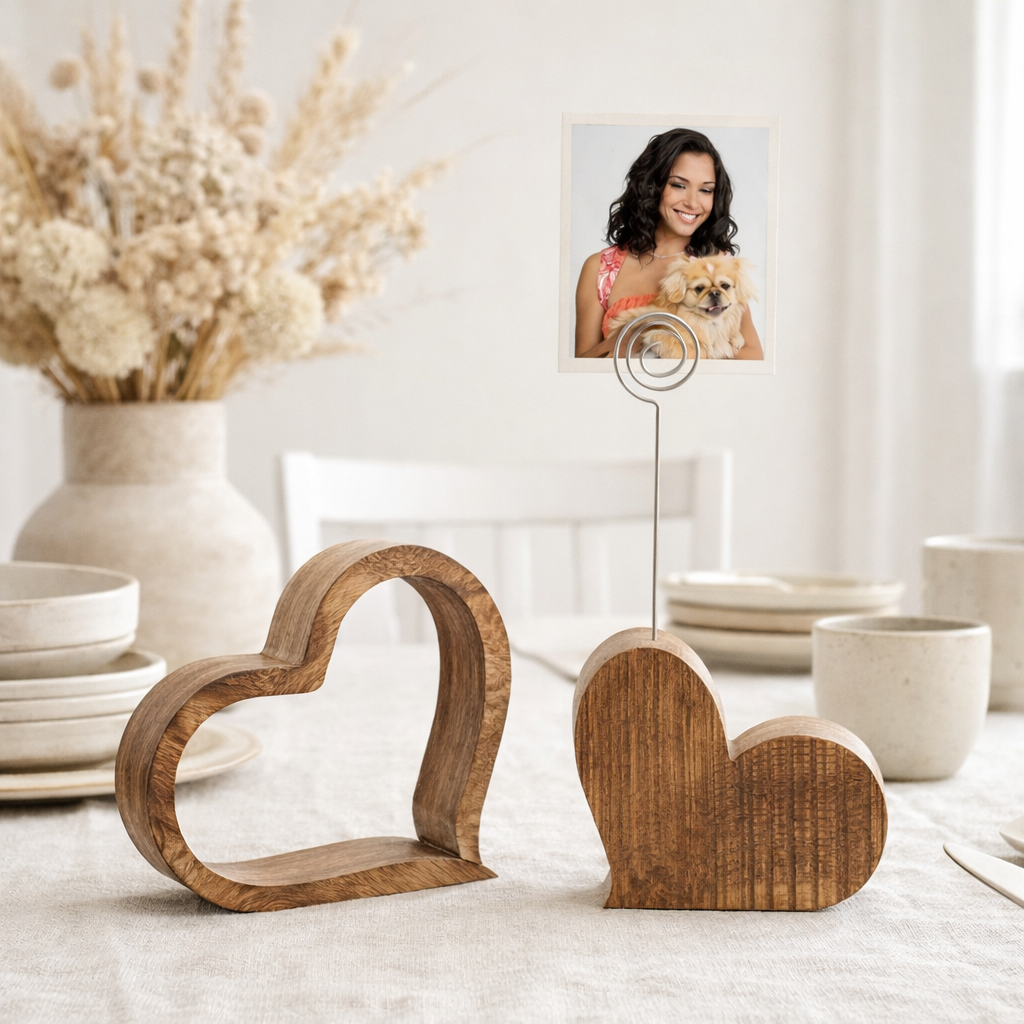 Porte-carte de voeux Photo Stand Photo Clip Set en 2 parties Décoration de table de coeur en 2 parties Décoration de mariage Mangoholz Massive en situation