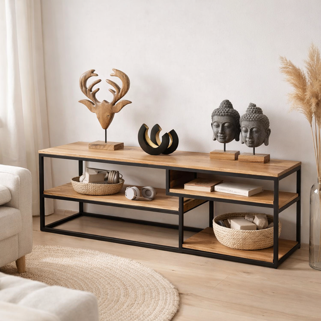 Meuble TV meuble TV meuble TV 150 x 51 x 36 cm Liverpool structure métal noir mat en situation