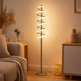 LED lampe debout Belleza, lampadaire moderne en métal et en plastique en nickel Matt et blanc, avec des LED fermement intégrées, 140 hauts, l'éclairage pour le salon, la salle à manger, la chambre ou le bureau. en situation