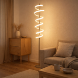 LED lampe debout Belleza, lampadaire moderne en métal et en plastique en nickel Matt et blanc, avec des LED fermement intégrées, 140 hauts, l'éclairage pour le salon, la salle à manger, la chambre ou le bureau. en situation