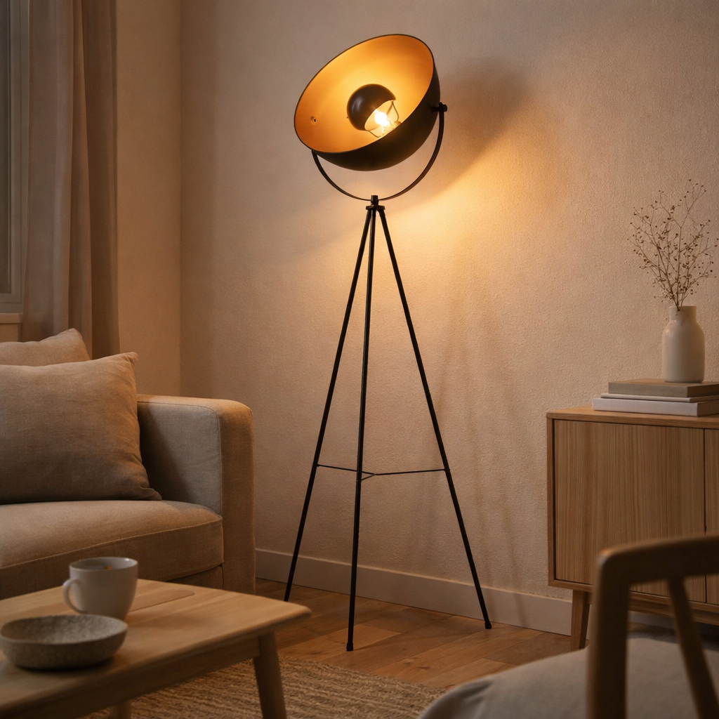 Lampe debout à trois pattes Bernice, lampadaire en noir et or avec une douille E27, l'éclairage pour le salon, la salle à manger ou le bureau en situation