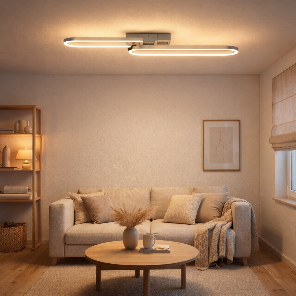 Lampe plafond CCT LED Carlon en aluminium et plastique Matt-Silver, avec LED intégrée, de 120 cm de long en situation