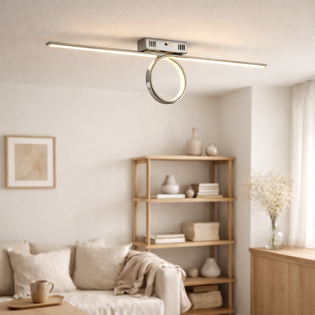 Plafond LED Boucle de 75 cm de long, en métal et plastique colorants en chrome en situation