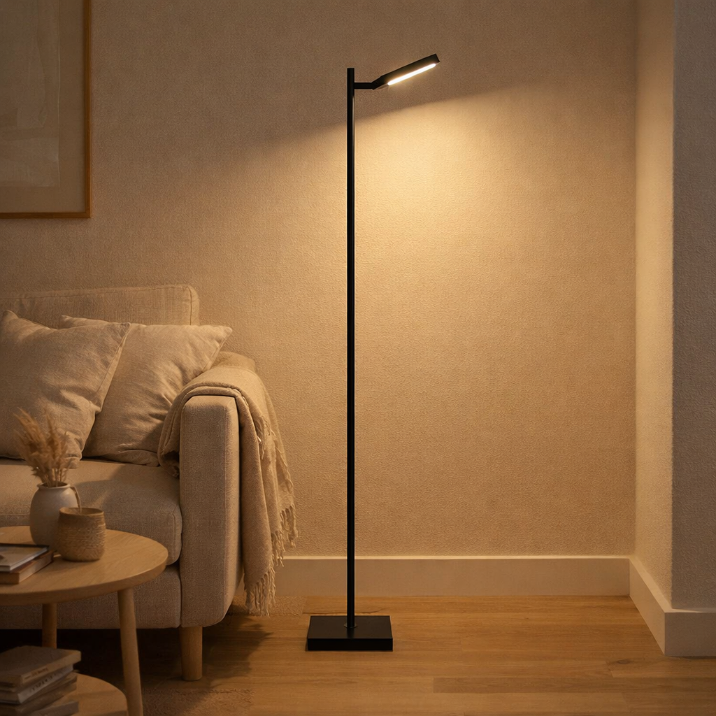 Lampe debout à batterie LED Lupa, 135 cm de haut, en aluminium noir et plastique, LED intégrée, 2400 lm, dimmable, fonction CCT, 3000-6500 K, changeur de lumière RGB en situation