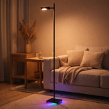 Lampe debout à batterie LED Lupa, 135 cm de haut, en aluminium noir et plastique, LED intégrée, 2400 lm, dimmable, fonction CCT, 3000-6500 K, changeur de lumière RGB en situation