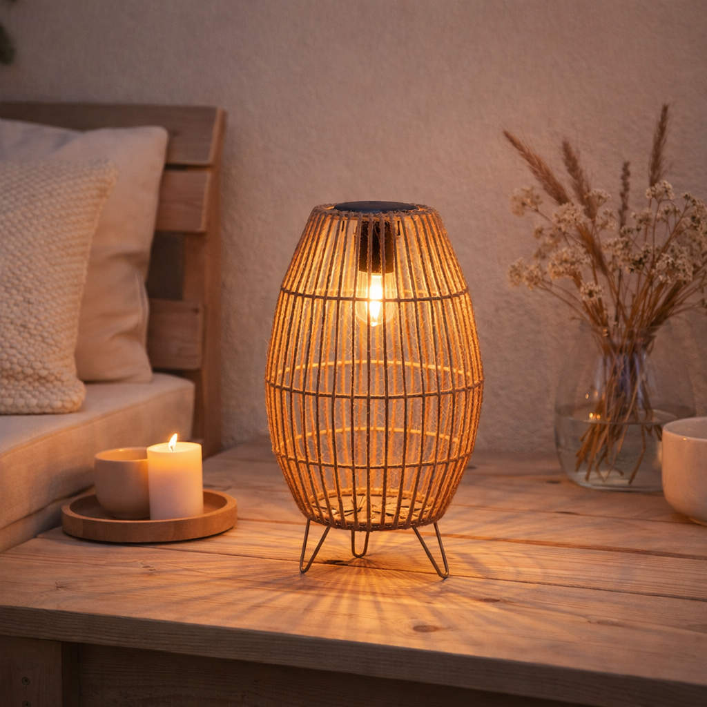 Lampe solaire LED Korbinien pour le jardin et la terrasse, le fromage extérieur en métal, en plastique et en jute de nature, solidement construite - LEDS, lampe solaire pour le jardin 34 x 19,58 cm en situation