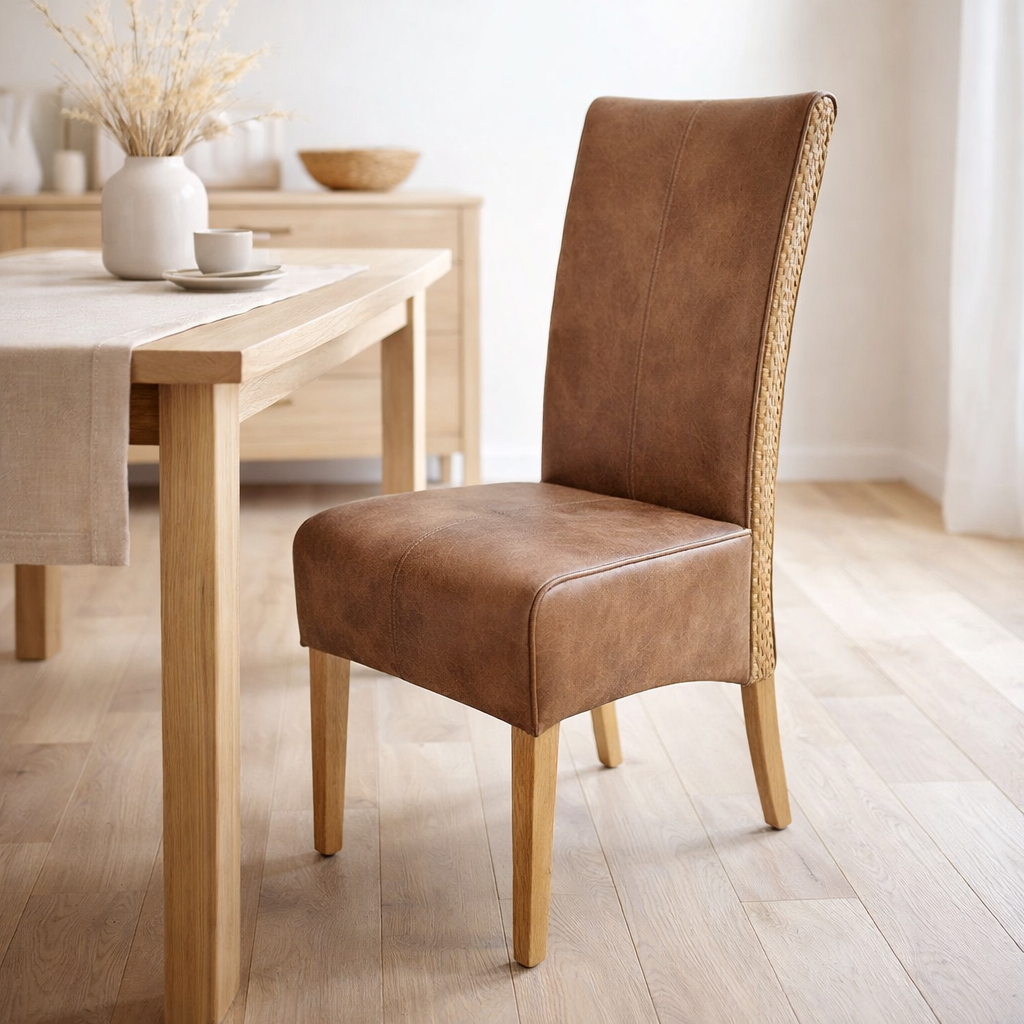 Chaises de salle à manger chaise rembourrée chaise rattan sidney optique en cuir rembourré noisette en situation