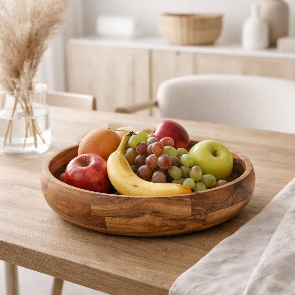 Bol de fruits décoration coquille en bois maître boîte 8 parties Ø30 cm la loi alimentaire acacia massive en situation
