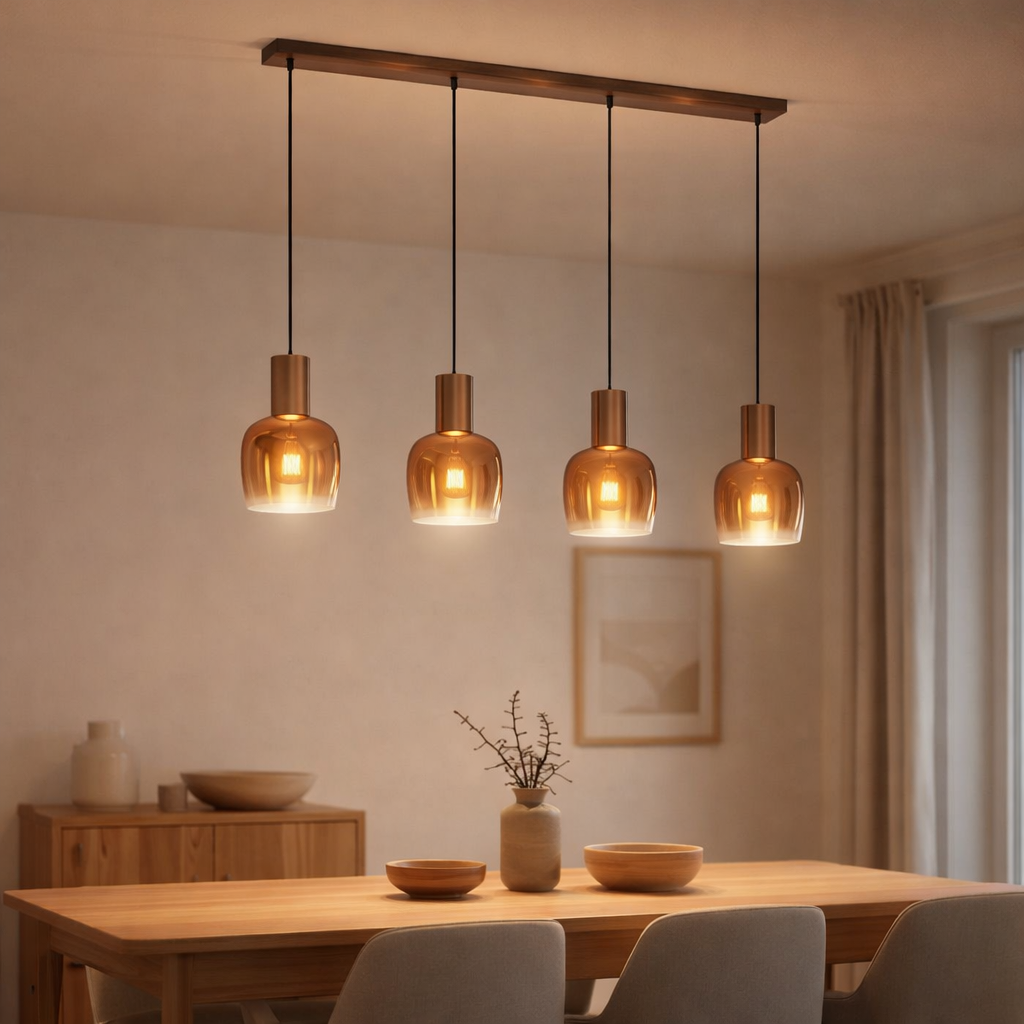 Lampe à la lampe pendentielle à 4 be Funda, lampe à pension rétro en verre de couleur ambre et en métal brossé en laiton, avec des verticales E27, 111 cm de long, 150 de haut, idéal pour la salle à manger, le salon et la cuisine. en situation
