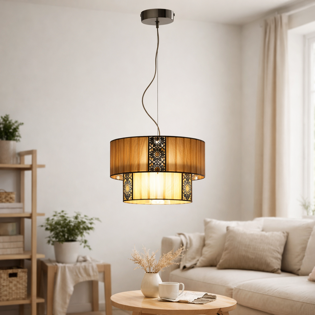 Le pendentif Pori jusqu'à 120 cm de haut, Ø 30 cm, en métal et en polyester, couleur cappuccino, version E27 en situation