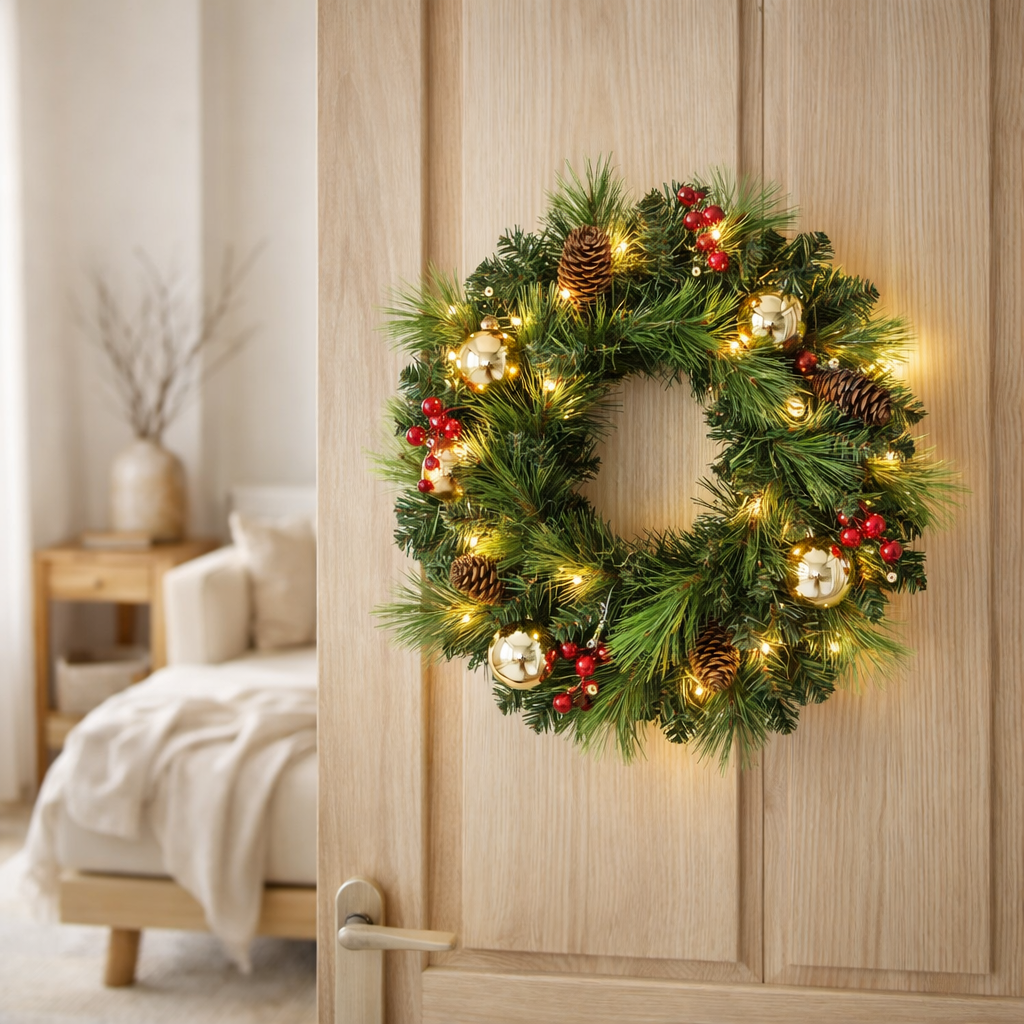 Couronne de Noël LED Noel Décoration extérieure en métal et en plastique en vert et en or, avec des LED fermement installés en situation