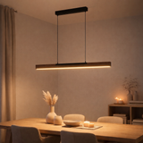 LED PRENDANT Light Wilma en métal et en bois (MDF) en noir et marron, env. 122,2 cm de long, environ. 150 cm de haut, réglable en hauteur, avec lampe intégrée, dimmable, avec effet mémoire en situation