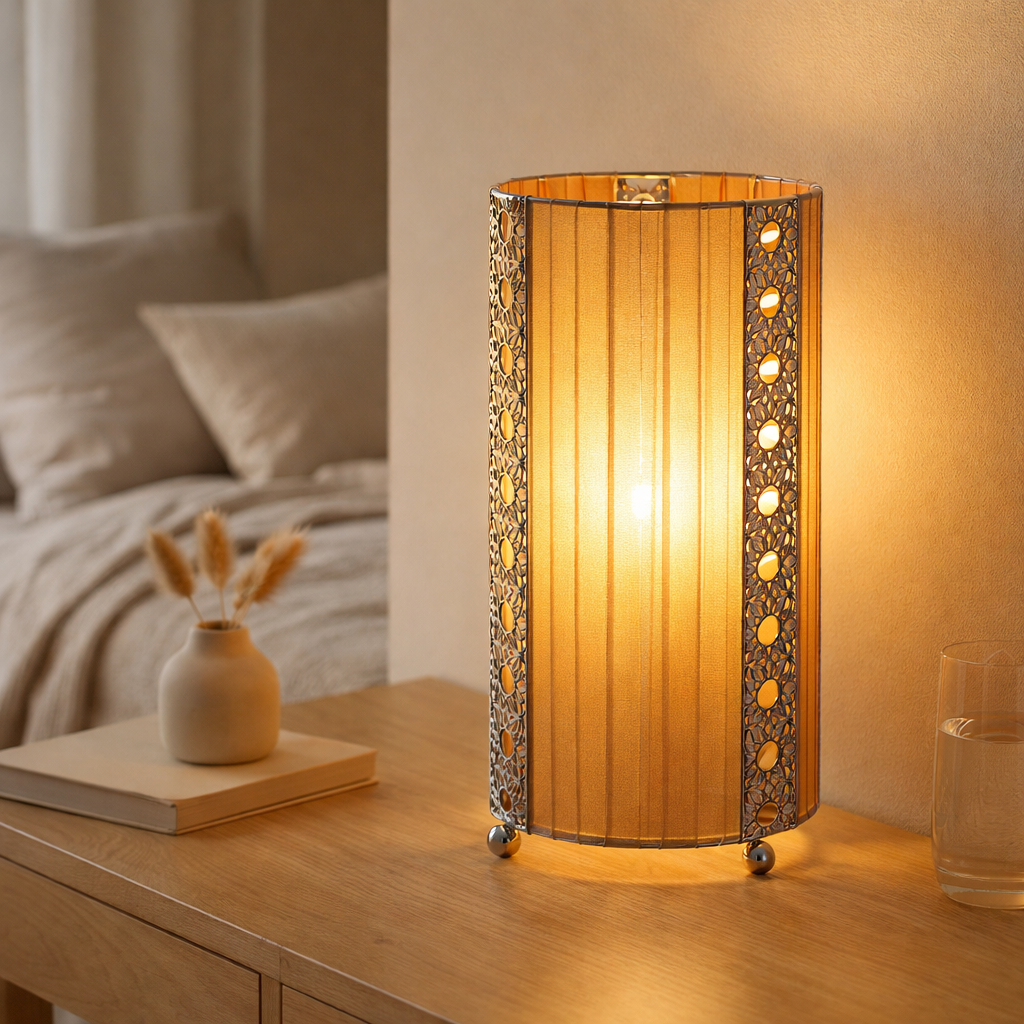 Lampe de table en tissu Sheryl en métal, plastique et textile en marron, E14 en situation