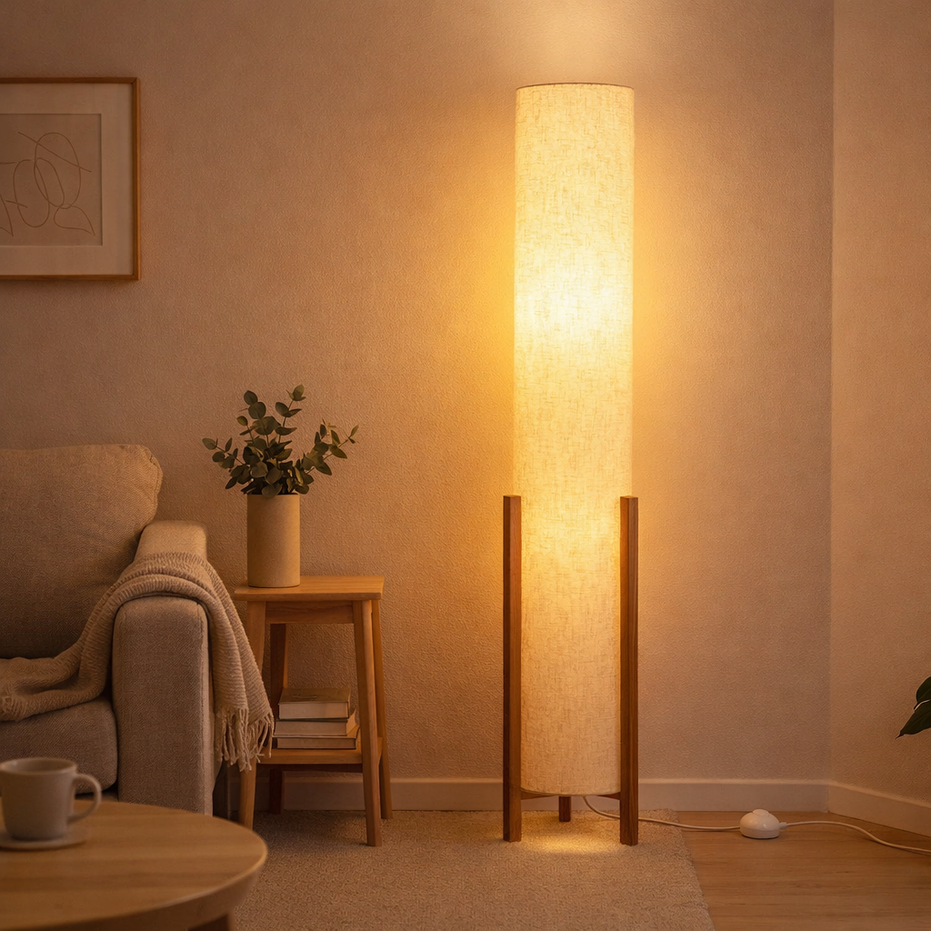 Lampe de table Matilda lampe de table classique avec apparence naturelle à travers le bois et l'écran de tissu, socket E27, 110 cm de haut en situation