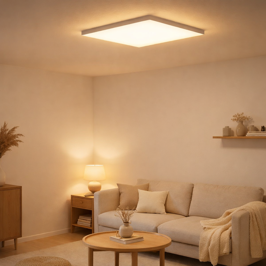 Panneau LED lampe de plafond Carente Longueur latérale 45 cm, sans cadre, de nombreuses fonctions, en métal et en plastique, blancs, LED intégrés en situation