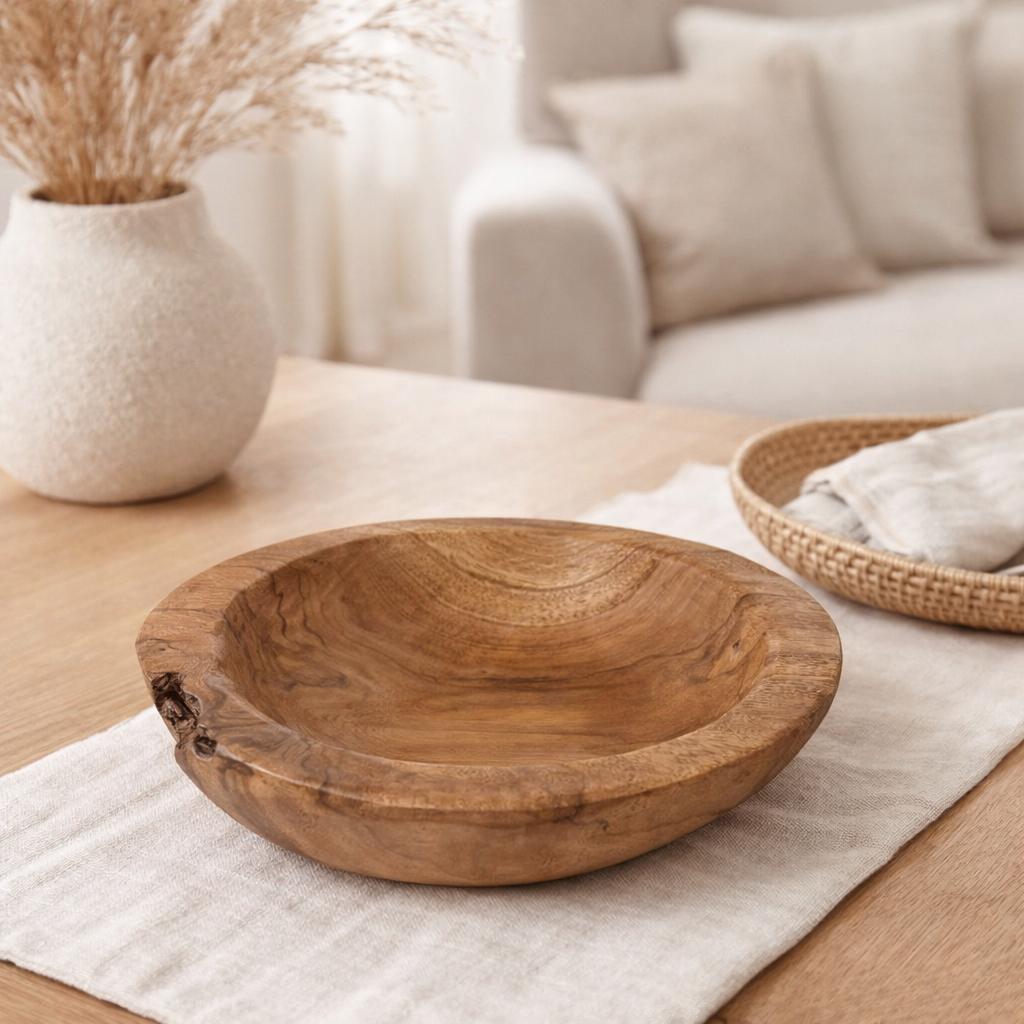 Bol en teck Ø 25 cm Produit naturel unique à base de bois de racine en situation