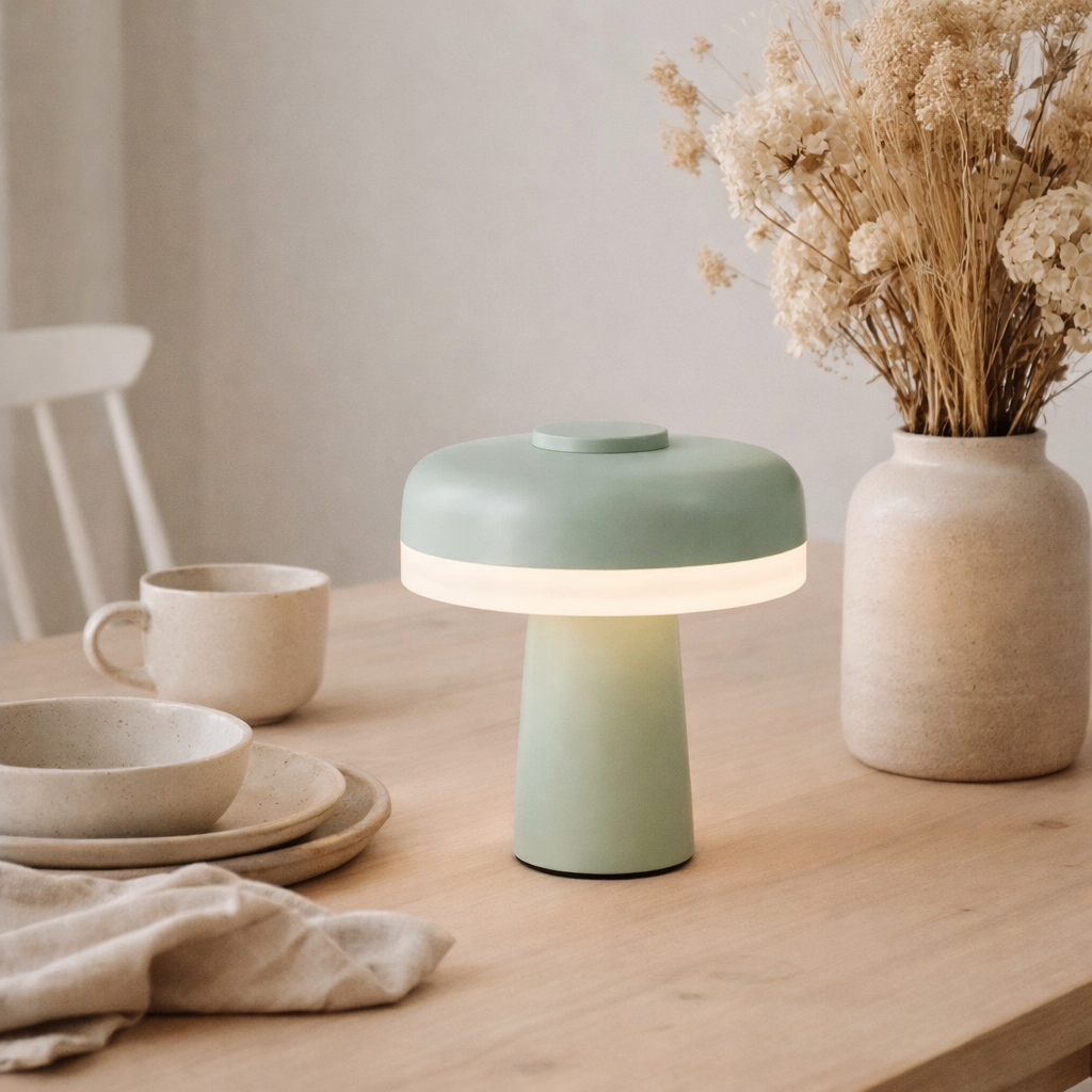 Table sans fil PilU, 16,5 cm de haut, au-dessus de Ø de 15 cm, métal dans la menthe, plastique blanc, LED intégrée, 280 lumens, dimmable par capteur tactile, blanc chaud blanc en situation