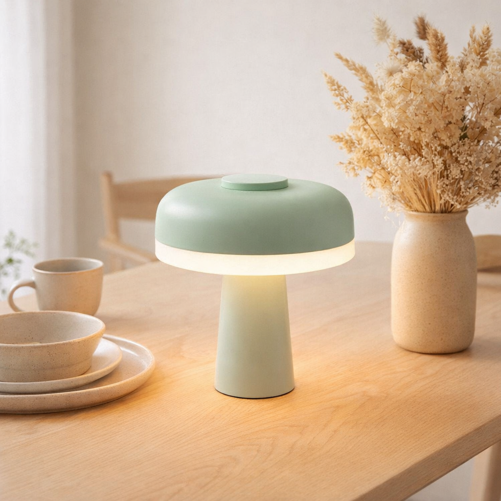 Table sans fil PilU, 16,5 cm de haut, au-dessus de Ø de 15 cm, métal dans la menthe, plastique blanc, LED intégrée, 280 lumens, dimmable par capteur tactile, blanc chaud blanc en situation