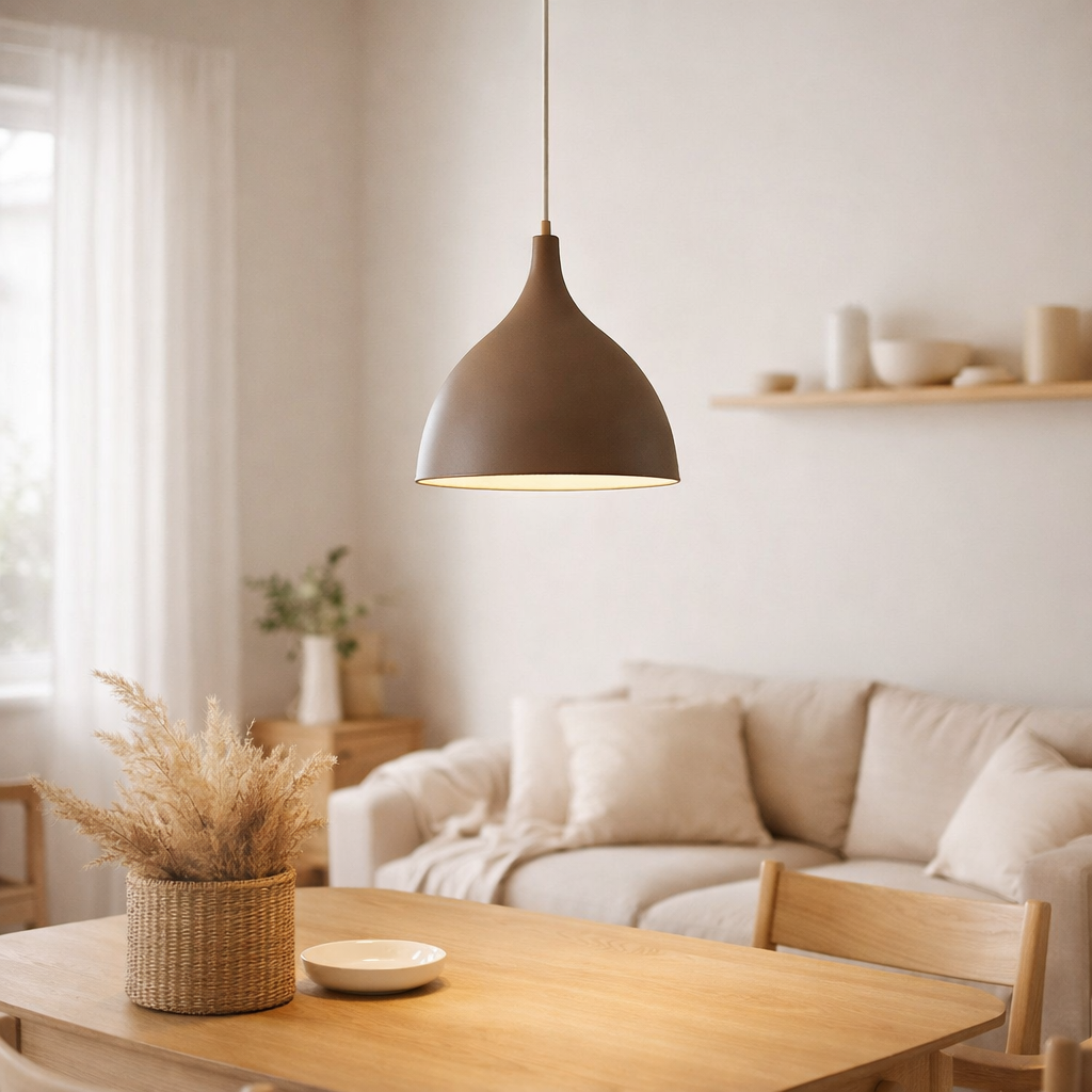 Pendentif tête d'épingle Ø 28cm, en métal en marron, e27 en situation