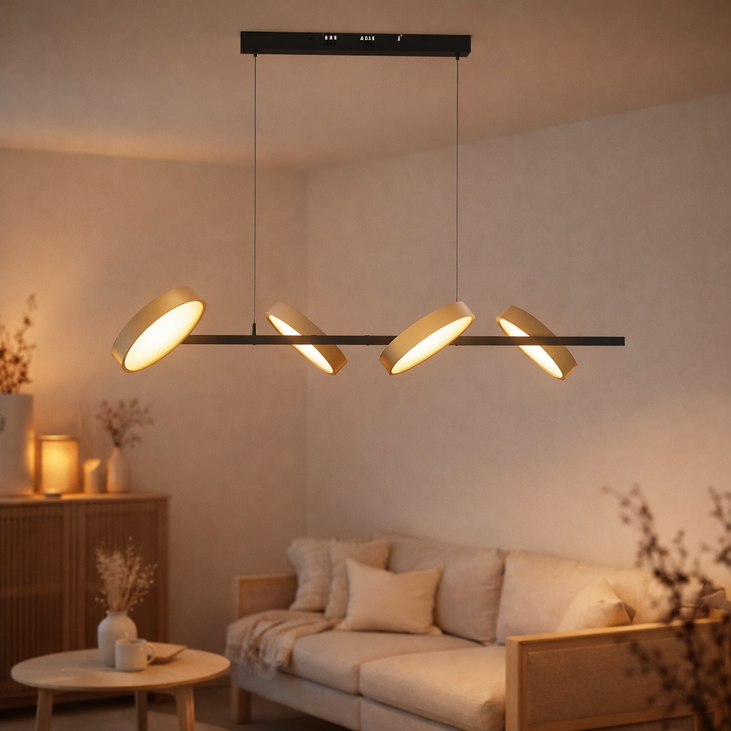 La lampe à pentence LED Tessa amande, 150 cm de haut, 110 cm de long, en métal dans des amandes givrées (Pantone 481 C) et en plastique noir et blanc en situation