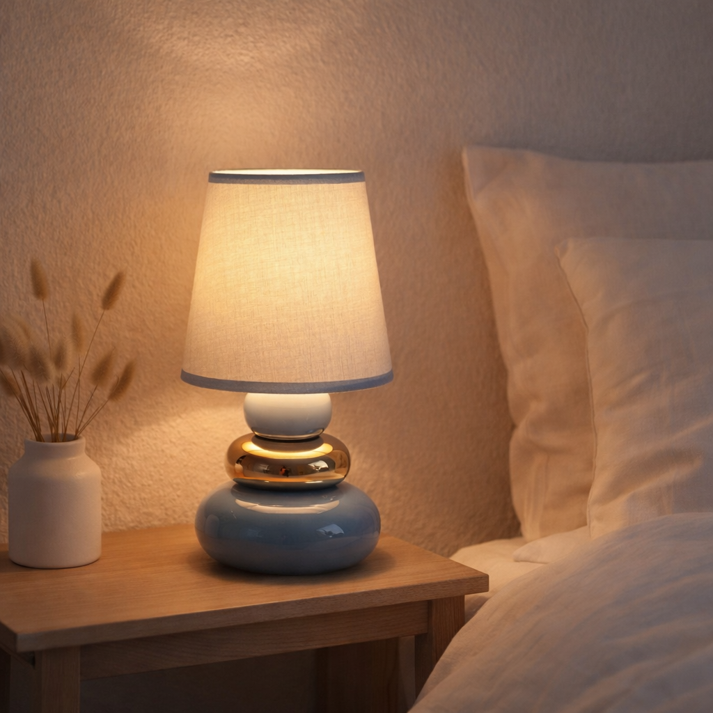 Lampe de table en céramique Stoney, lampe de table en céramique, bleu, avec douille E14, lampe de table pour salle à manger, salon, couloir ou bureau, ou comme une lampe de chevet, 31 cm de haut en situation