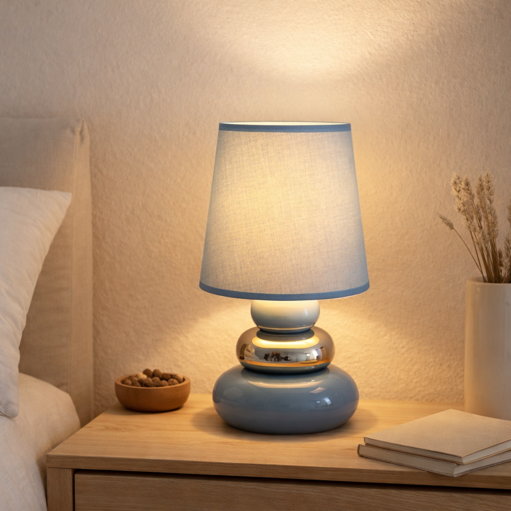 Lampe de table en céramique Stoney, lampe de table en céramique, bleu, avec douille E14, lampe de table pour salle à manger, salon, couloir ou bureau, ou comme une lampe de chevet, 31 cm de haut en situation