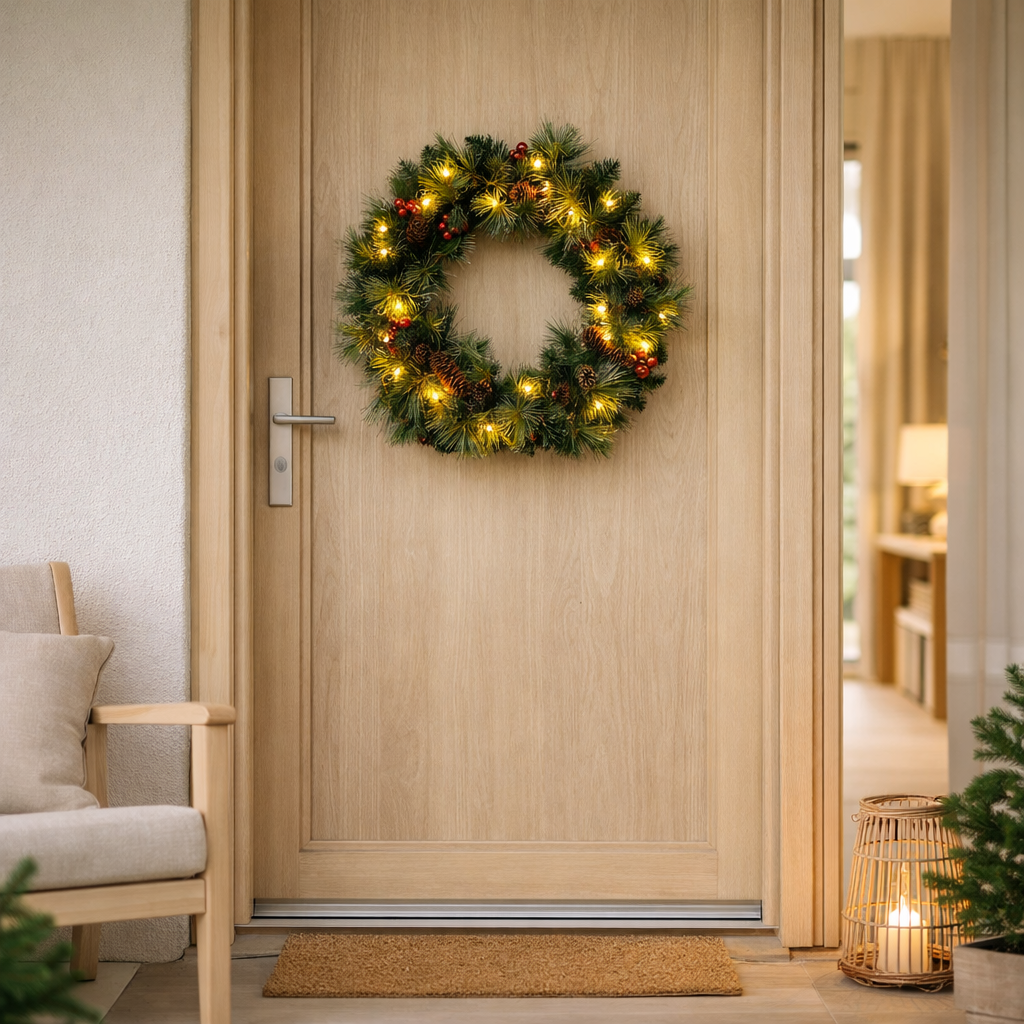 Couronne de Noël LED Noel Décoration extérieure en métal et en plastique en vert et en or, avec des LED fermement installés en situation