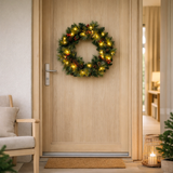 Couronne de Noël LED Noel Décoration extérieure en métal et en plastique en vert et en or, avec des LED fermement installés en situation