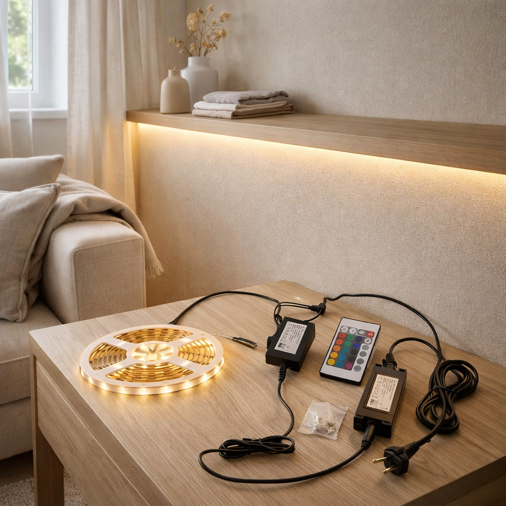 La LED Stripe extérieure 500 cm, 24 watts, blanc chaud, avec changeur de couleur, dimmable, y compris la télécommande et les accessoires en situation