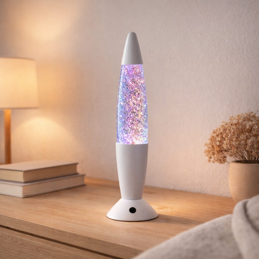 LED LEIL GLITTER, la lampe de table de décoration en métal et en plastique, environ 36 cm de haut, avec des LED fermement intégrées, donne une lumière colorée avec paillettes, l'éclairage d'effet pour le salon, le bureau, la chambre pour enfants en situation