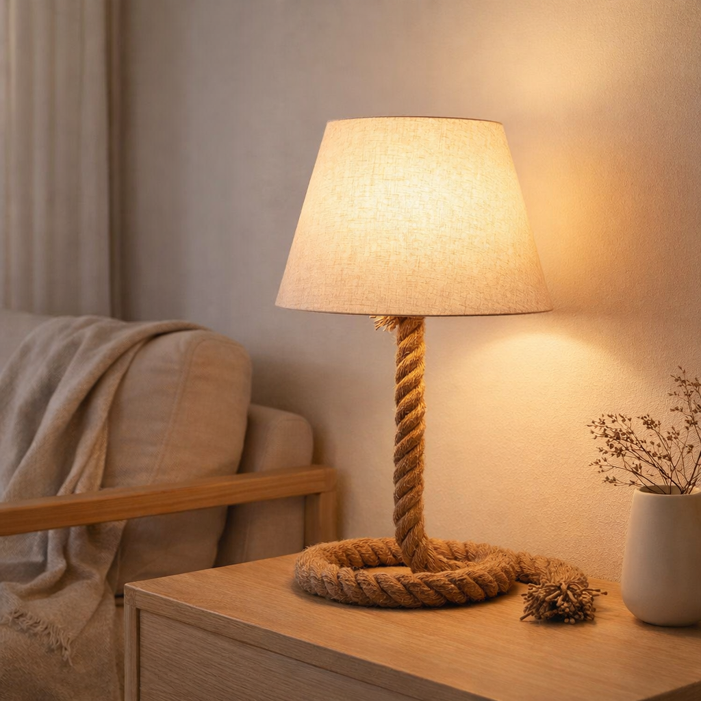 Lampe de table avec corde de soufflerie de texte, lampe de table en métal, plastique, jute et textile en blanc, avec version E14, pour le salon, couloir ou bureau, 40 cm de haut en situation