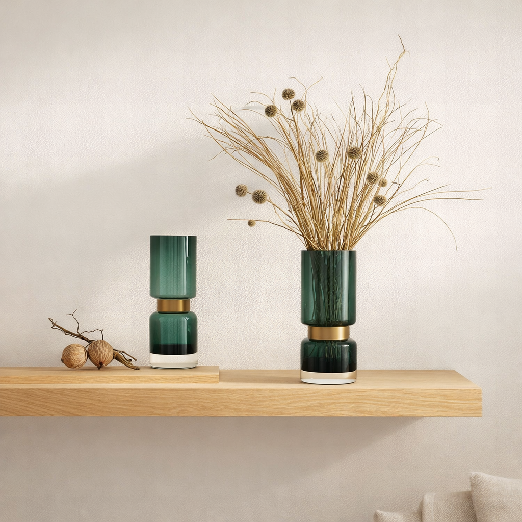 Vase en verre vert de luxe rétro futuriste avec de l'or TRI 28 GE en situation