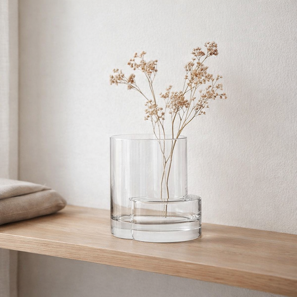Vase moderne de style constructiviste, design haut de gamme, verre clair FUSIO 25 en situation
